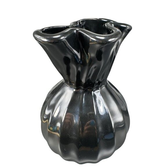 Vintage Haeger Black Paper Bag Shaped Pottery Vase Vessel Glazed Made In USA VTG - Picture 1 of 12